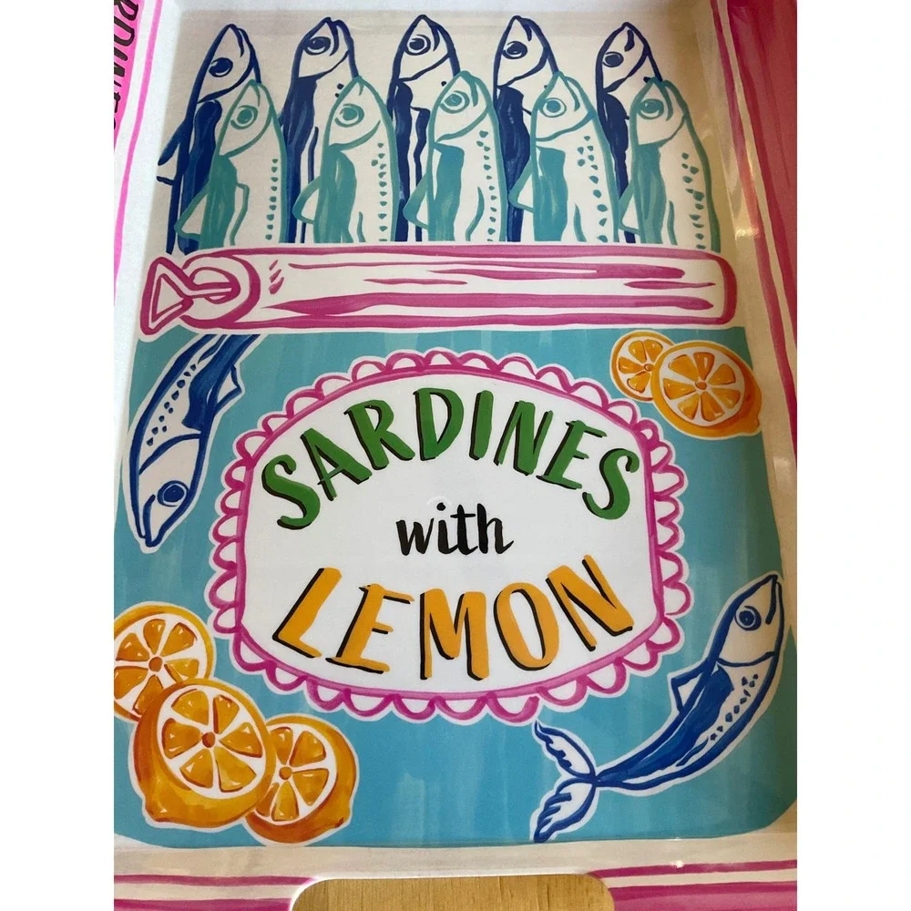 Sardines with Lemon Melamine Serving Tray Pink Mediterranean Fish Graphic 19x13